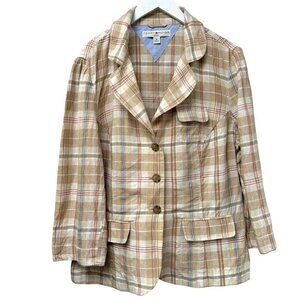 TOMMY HILFIGER Linen Jacket Size 14 Womens Plaid Blazer Beige Metallic Gold
